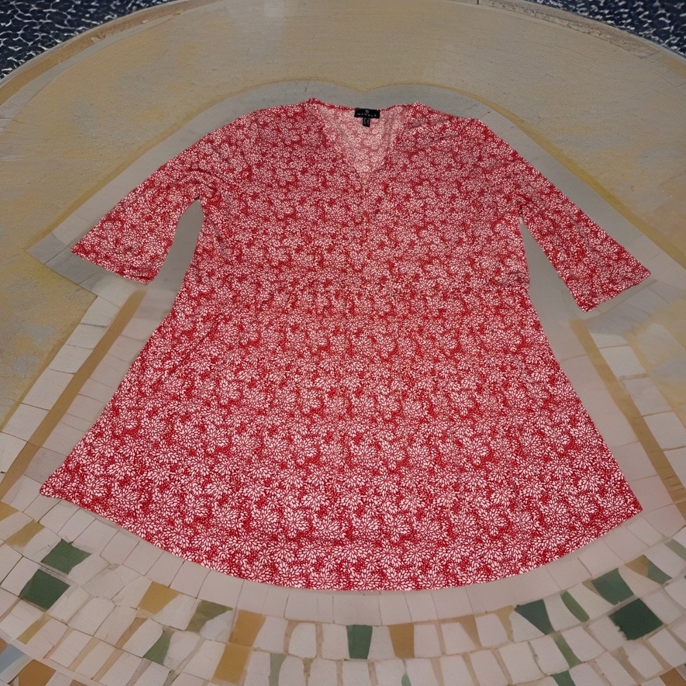 Marble S-L Red Floral V-Neck Babydoll Blouse Women's Cottage/Fairycore